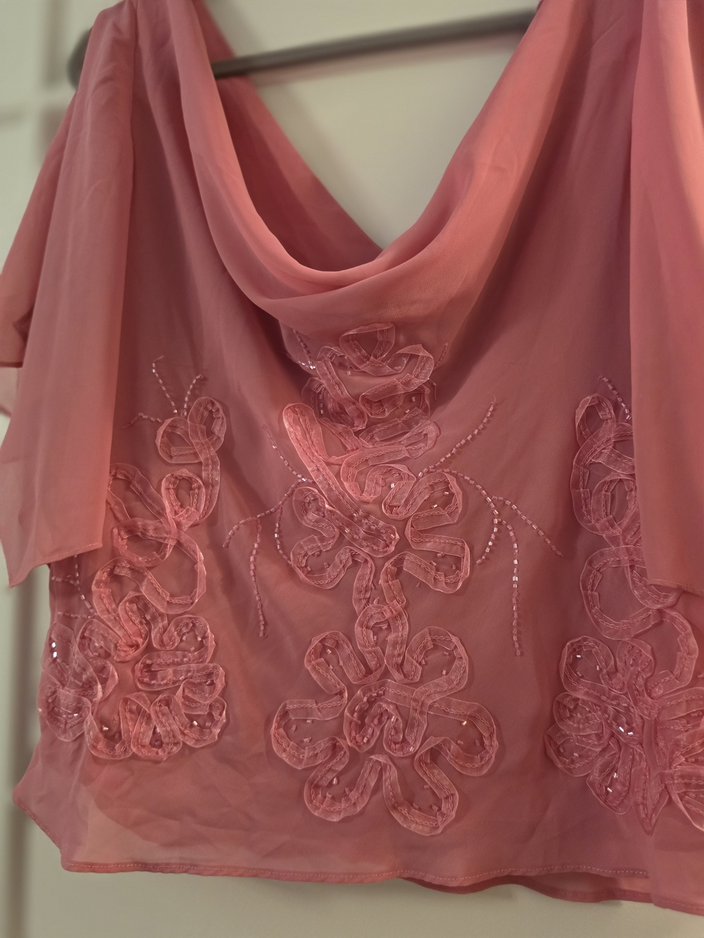 KM Collection Pink Beaded Draped Neck Chiffon Blouse Sz 16